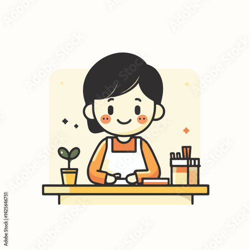 Smiling woman in apron working on a table with plants and materials vector illustration