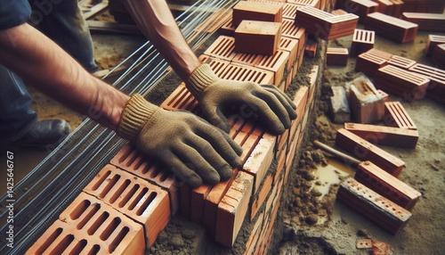 Brick wall construction with visible steel reinforcement bars