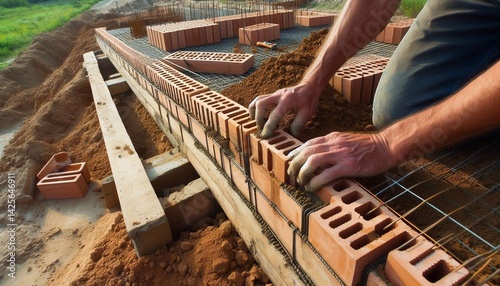 Brick wall construction with visible steel reinforcement bars