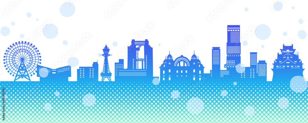 Fototapeta premium ポップでかわいい日本の街並みのシルエット、大阪