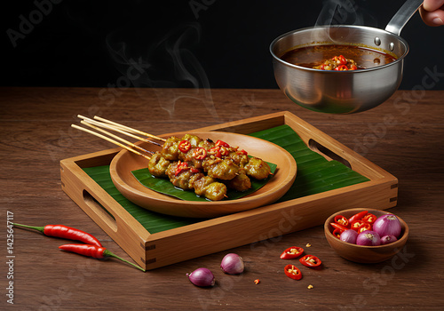 Steaming Satay with Peanut Sauce and Rustic Background