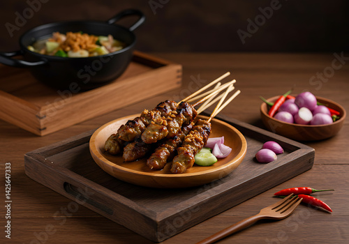 Sate on Wooden Bowl with Rice and Sambal Sides