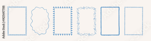 Hand drawn doodle frames with lemons, leaves, wave and bows. Minimalist line art. Vintage blue ornament borders for wedding, greeting cards, menu, picnic invitations. Italian summer vacation vibe.