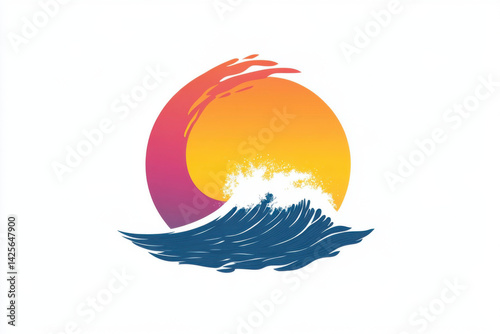 Ocean wave breaking with colorful sunset in background, surfing and summer concept