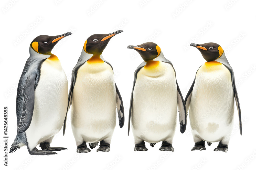 Fototapeta premium Group of emperor penguins standing side by side isolated sharply on a clean white background layout