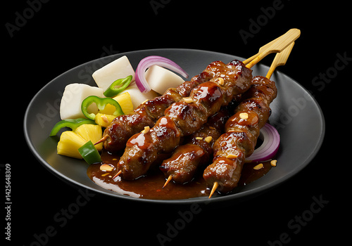 Dark Plate Satay with Lemongrass Garnish and Vegetables