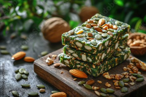 Green spirulina protein bars with mixed seeds and nuts on wooden board