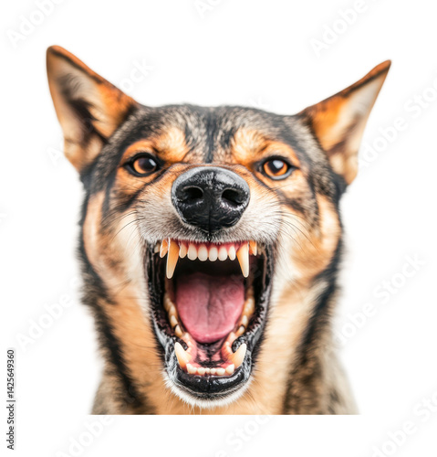 Fierce snarling dog with bared teeth close-up, cut out - stock png.