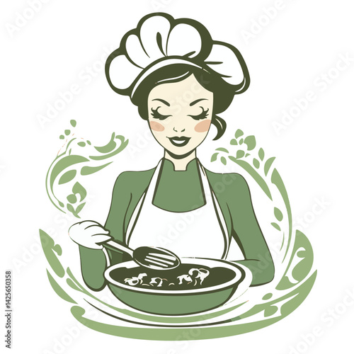 Female chef stirring a bowl with a whisk vector illustration