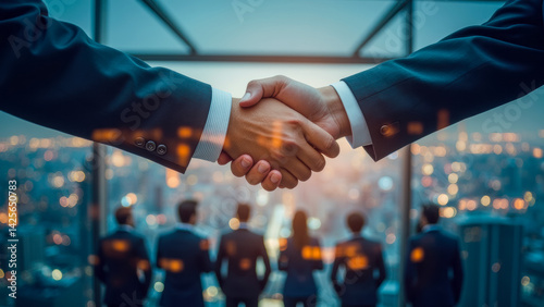 Business professionals shaking hands to seal a deal with a city skyline view, representing success, partnership, and corporate agreement