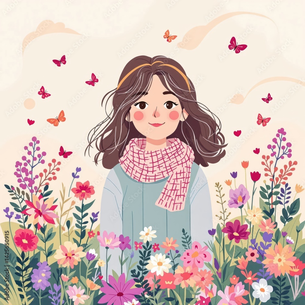 A girl is standing in a field of flowers A girl is standing in a field of flowers