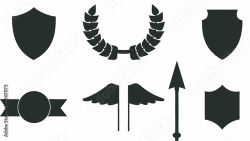 Black silhouette vector graphic with heraldic elements shields laurel wreath wings spear