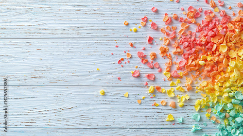 Colorful cereal flakes in rainbow gradient on white wood