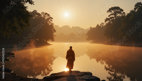 Meditating monk reflecting at sunrise over tranquil river  