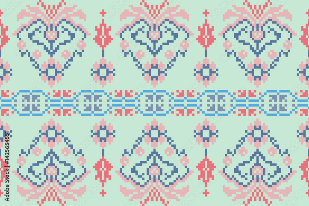 Ethnic pixel art background.Repeating geometric pattern design with floral.Design for texture,fabric,cloting,carpet,knitewar,curtains,wrapping,batik,scarf,vector,illustration