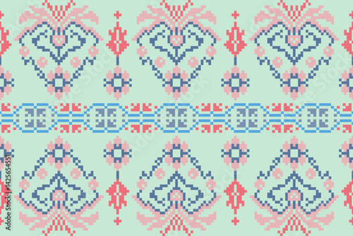 Obraz na płótnie Ethnic pixel art background.Repeating geometric pattern design with floral.Design for texture,fabric,cloting,carpet,knitewar,curtains,wrapping,batik,scarf,vector,illustration w salonie