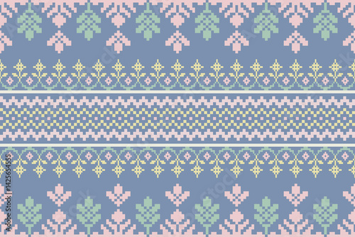 Ikat embroidery Ethnic oriental Pixel colorful background. Traditional ethnic motifs ikat geometric fabric pattern cross stitch.Abstract,vector,illustration. Texture,scarf,decoration,wallpaper.
