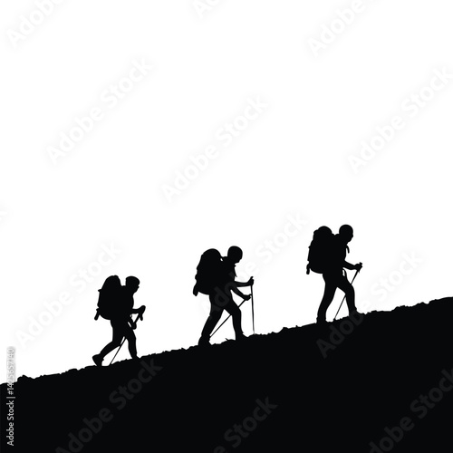 Silhouette of hikers trekking uphill with backpacks outdoor adventure concept