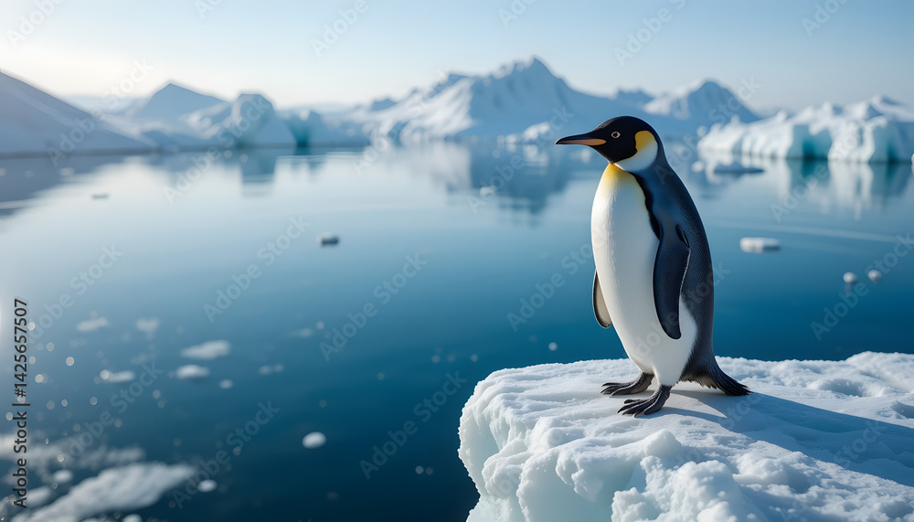 Fototapeta premium A penguin stands at the edge of a massive glacier, overlooking the calm and serene expanse of vibrant blue glacial water, evoking solitude and wonder