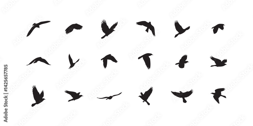 Fototapeta premium Flying birds silhouette vector illustration set isolated on white background