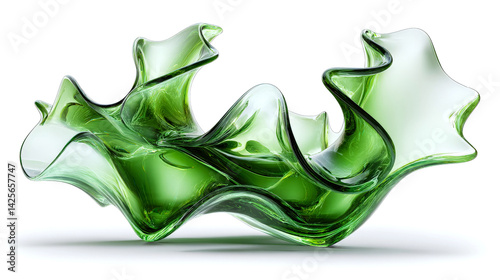 Abstract sculpture of smooth, flowing forms, made of transparent green glass, minimalist composition on a white background. Generative AI