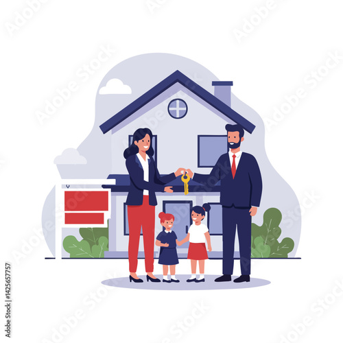 Buying a house family home ownership real estate agent new home keys illustration
