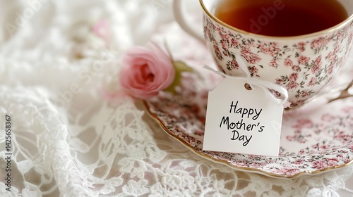 Elegant tea set arranged on delicate lace cloth with handwritten “Happy Mother’s Day” message, evoking warmth, celebration and love in a cozy spring morning scene