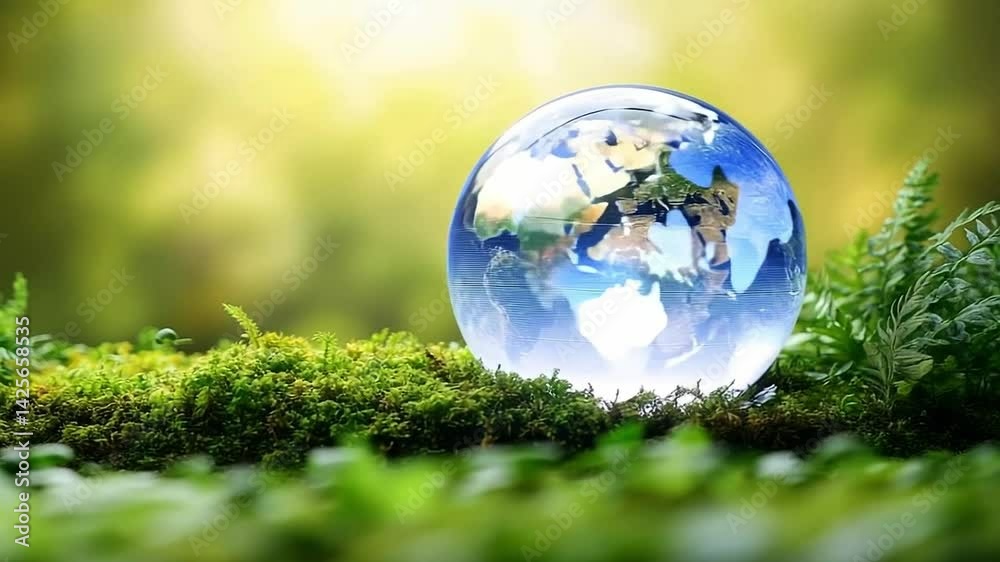 Environmentally friendly globe on moss. A globe is resting on lush green moss, representing Earth and its fragile ecosystem in a serene setting. Environmentally friendly globe on moss. A globe is resting on lush green moss, representing Earth and its fragile ecosystem in a serene setting.
