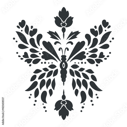 Vector linocut poster template with butterfly. Modern trendy minimal style. Black and white colors. Botanical blockprint. Hand drawn design for wallpaper, wall decor, print, postcard, cover, template.