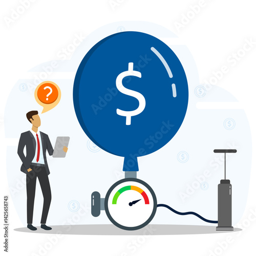 A businessman measures and anticipates inflation from a balloon which is pumped up to be bigger. CPI, Inflation indicator, inflation measurement. Prediction of business and economic instability. 