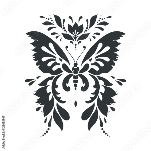 Vector linocut poster template with butterfly. Modern trendy minimal style. Black and white colors. Botanical blockprint. Hand drawn design for wallpaper, wall decor, print, postcard, cover, template.