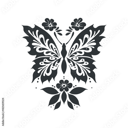Vector linocut poster template with butterfly. Modern trendy minimal style. Black and white colors. Botanical blockprint. Hand drawn design for wallpaper, wall decor, print, postcard, cover, template.