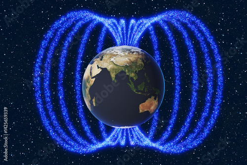 The planet Earth’s magnetic field is visualized by glowing particles in outer space. Illustration of the concept of geomagnetic field and reversals of polarity