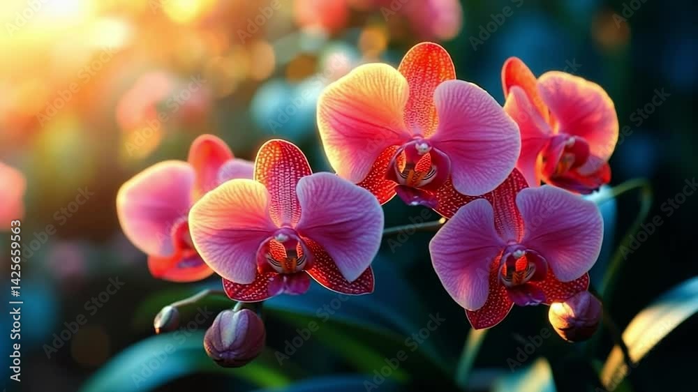 Orchids blooming in sunlight. Colorful orchids bloom in a garden, basking in warm golden sunlight of the late afternoon.