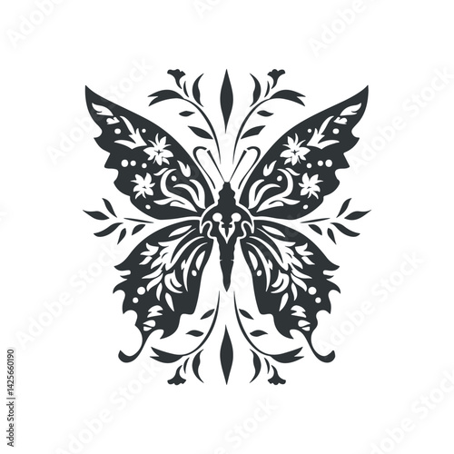 Vector linocut poster template with butterfly. Modern trendy minimal style. Black and white colors. Botanical blockprint. Hand drawn design for wallpaper, wall decor, print, postcard, cover, template.
