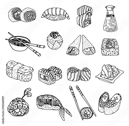 Asia food sushi icons set