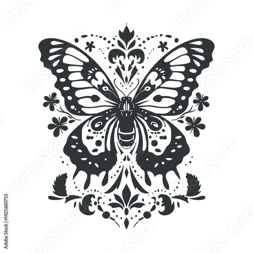 Vector linocut poster template with butterfly. Modern trendy minimal style. Black and white colors. Botanical blockprint. Hand drawn design for wallpaper, wall decor, print, postcard, cover, template.