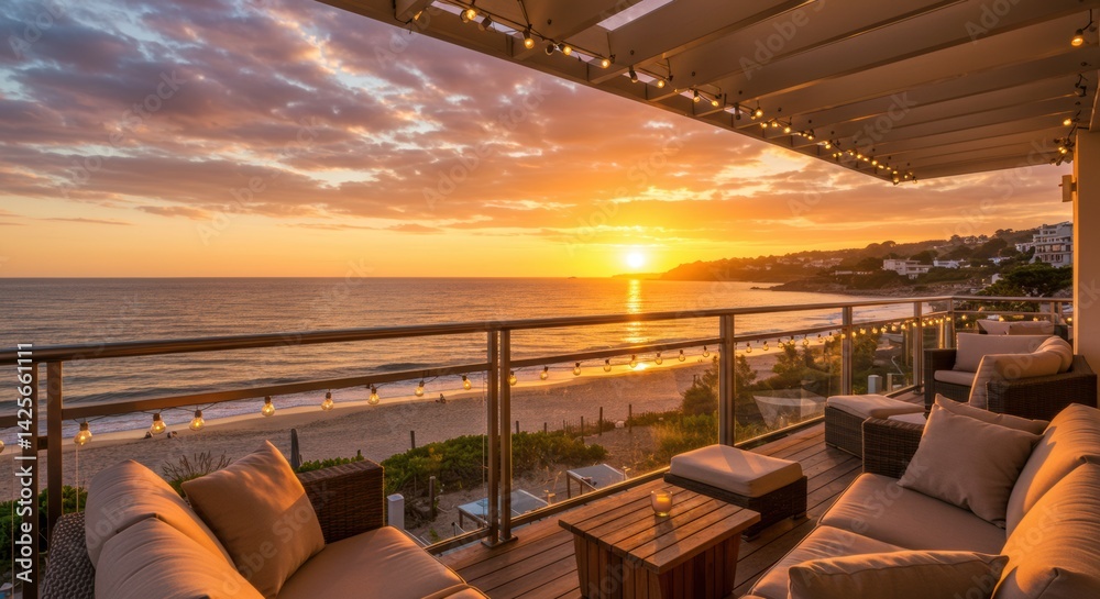 Fototapeta premium Elegant coastal suite with ocean sunset view