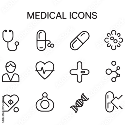 Set of Medical web icons in line black style. Medicine and Health Care, RX. Medicine, check, doctor, dentistry, pharmacy, lab, scientific discovery, collection. with white background