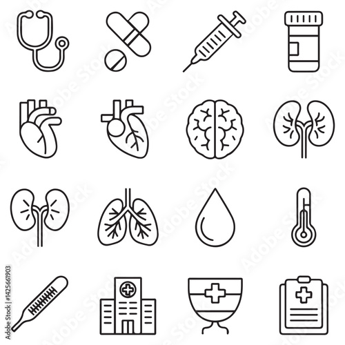 Set of Medical web icons in line black style. Medicine and Health Care, RX. Medicine, check, doctor, dentistry, pharmacy, lab, scientific discovery, collection. with white background
