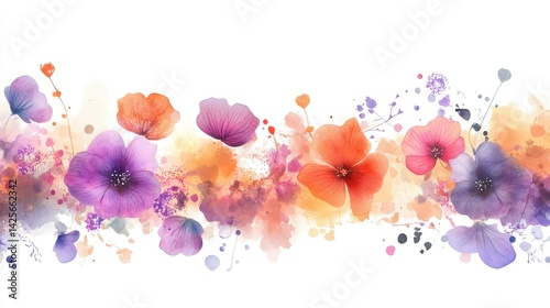 Abstract border of watercolor flowers for greeting card or seasonal design