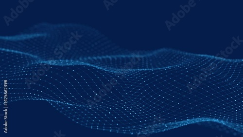 Abstract flow of luminous particles on dark background. Movement of colored dots. Big data visualization. 3D rendering. Seamless loop. 4k	