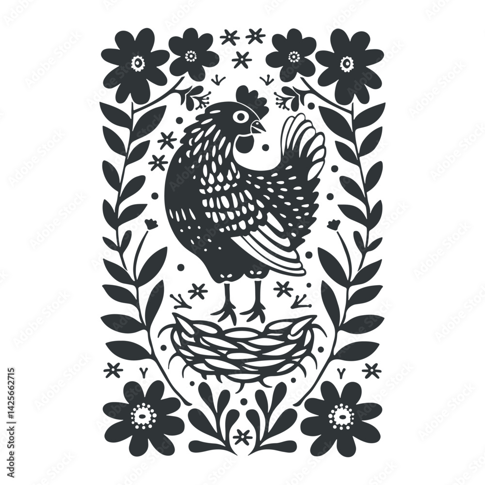 Fototapeta premium Vector linocut floral poster template with chiken. Modern trendy minimal style. Black and white colors. Botanical blockprint. Design for wallpaper, wall decor, print, postcard, cover, template.