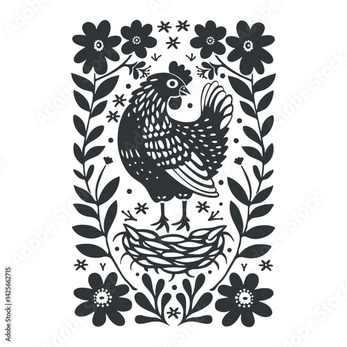 Vector linocut floral poster template with chiken. Modern trendy minimal style. Black and white colors. Botanical blockprint. Design for wallpaper, wall decor, print, postcard, cover, template.