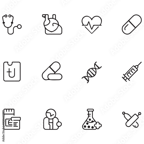 Set of Medical web icons in line black style. Medicine and Health Care, RX. Medicine, check, doctor, dentistry, pharmacy, lab, scientific discovery, collection. with white background