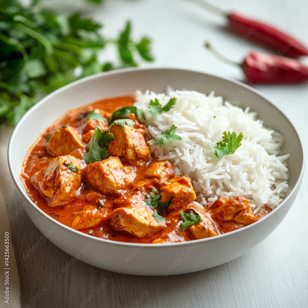 Creamy Tofu and Rice Curry in White Bowl Creamy Tofu and Rice Curry in White Bowl