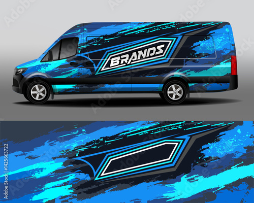 Car decal company wrap design vector. Abstract blue paint splatter on dark gray background for racing livery or vinyl decal for everyday use car. Transport branding.