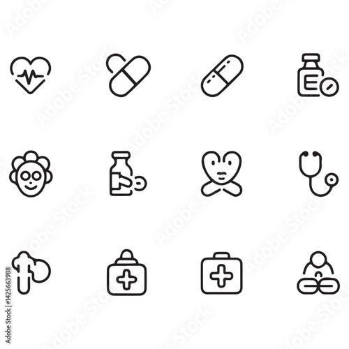 Set of Medical web icons in line black style. Medicine and Health Care, RX. Medicine, check, doctor, dentistry, pharmacy, lab, scientific discovery, collection. with white background