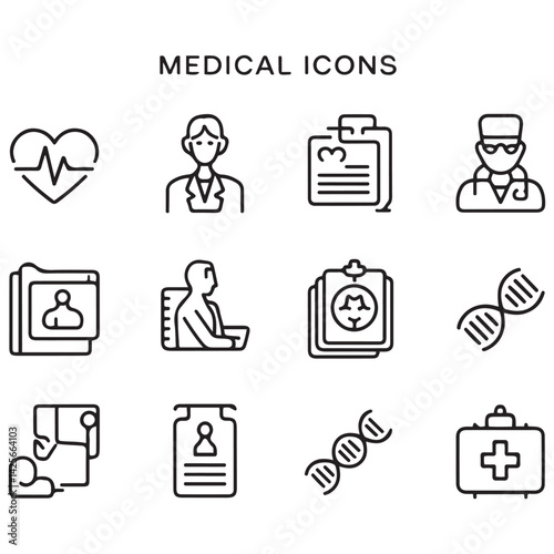 Set of Medical web icons in line black style. Medicine and Health Care, RX. Medicine, check, doctor, dentistry, pharmacy, lab, scientific discovery, collection. with white background