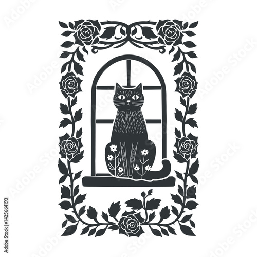 Vector linocut floral poster template with cat. Modern trendy minimal style. Black and white colors. Botanical blockprint. Design for wallpaper, wall decor, print, postcard, cover, template.